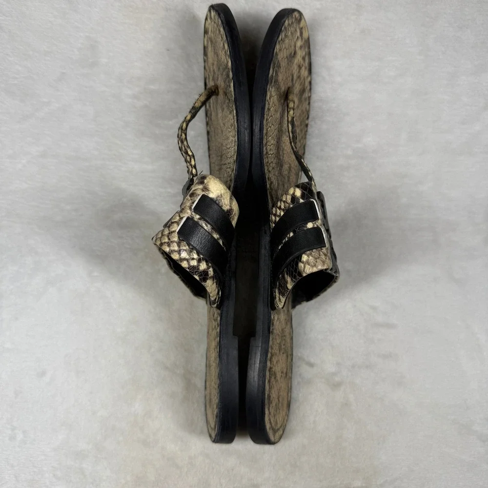 Tory Burch Miller Thong Sandals Snakeskin Print Leather Black Logo 9.5M 8099 C20